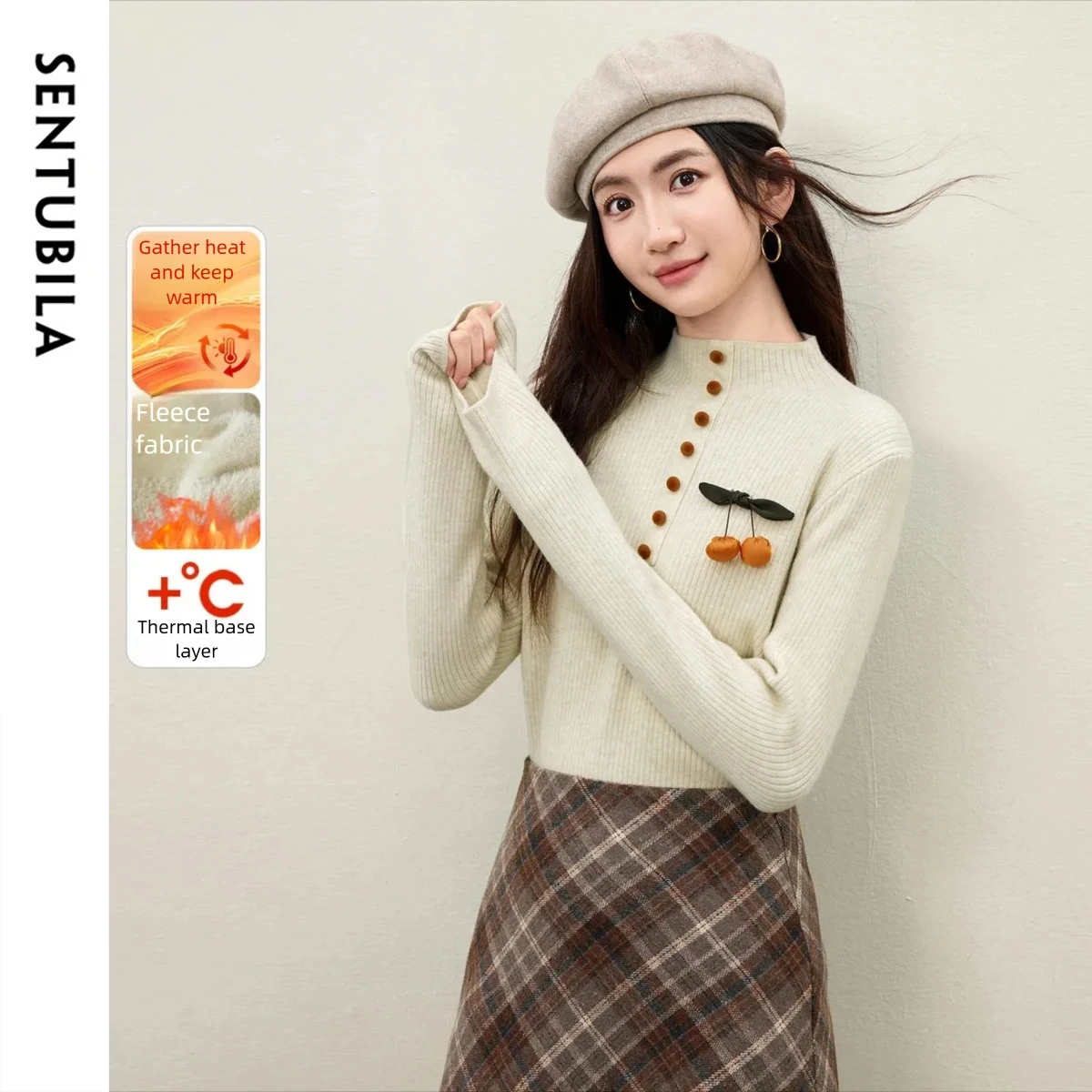 

SENTUBILA простой женский свитер 2025 полуводолазка на флисовой подкладке, пуловеры в рубчик, облегающая зимняя одежда, женская W54EF5747