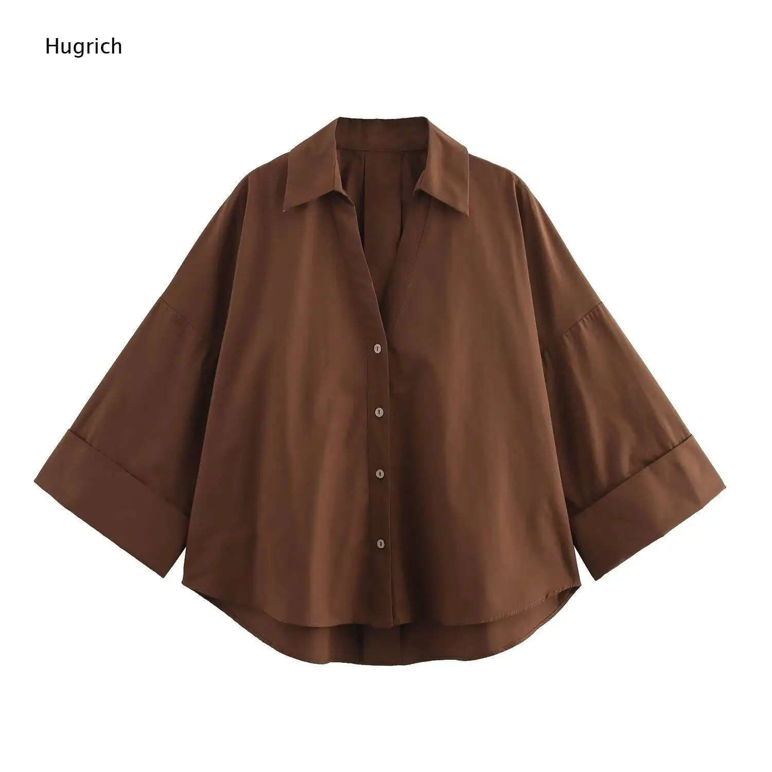

Loose Drop Shoulder Three Quarter Sleeve Button Down Shirt Striped Solid Multi Color Casual Blouse for Women Daily Wear