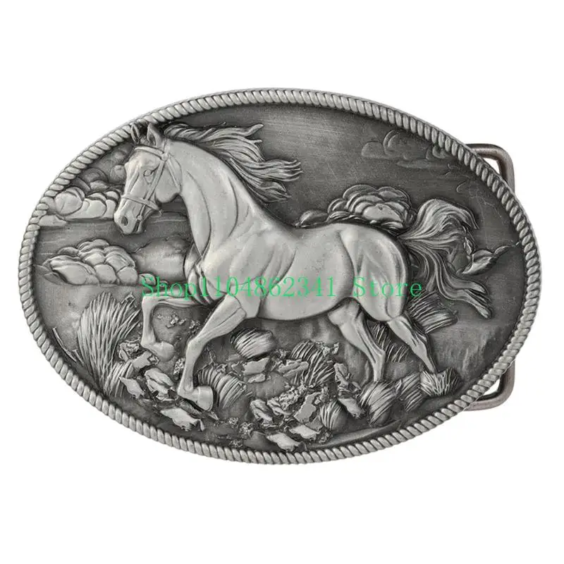 652F Geometric Oval Belt Buckle Western Horse Embossed Design Jeans Waist Belt Clasp