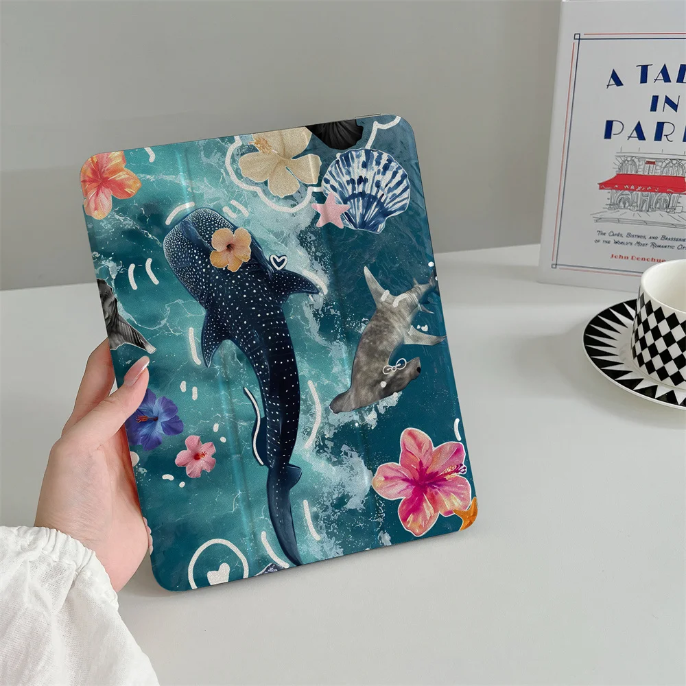 Underwater World Shark Flower is suitable for Apple iPad Pro 2024 11 inch 2025 Air 5/4 10.9 iPad 10 9.7 10.2/10.5 Mini 6/5 Pen S