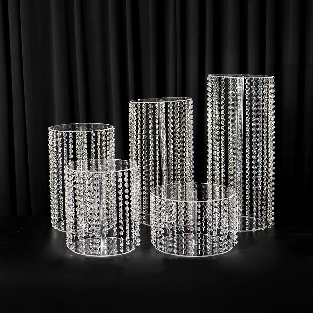 Luxury Acrylic Crystal Bead Cake Stand Set,Transparent Cylinder Dessert Display for Wedding Party Event Centerpiece Decor Shelf