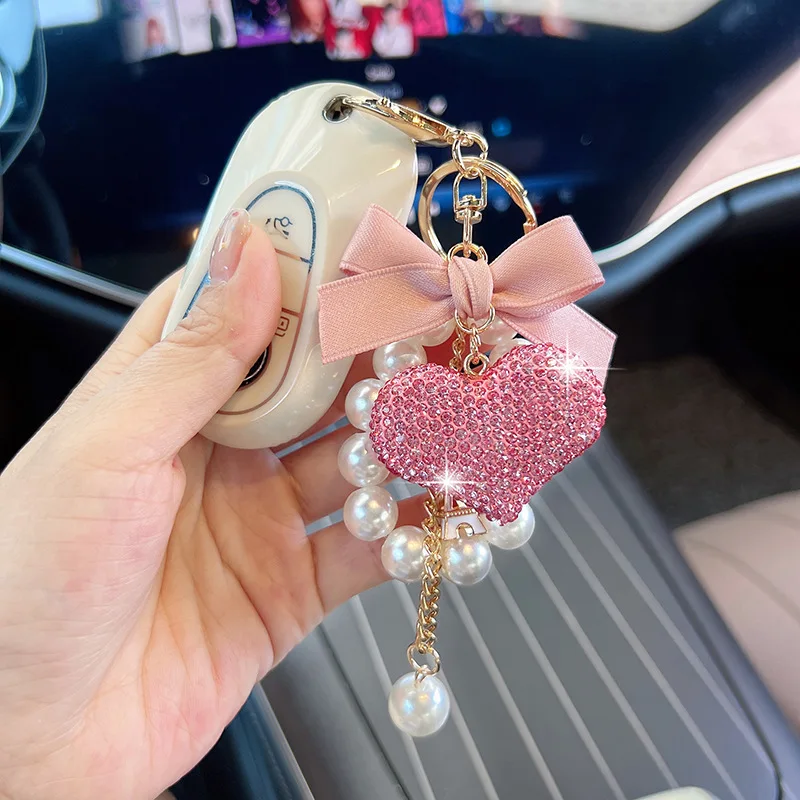 Stylish Bow Love Car Keychain Delicate with Diamond Bag Pendant Creative Pearl String Keychain
