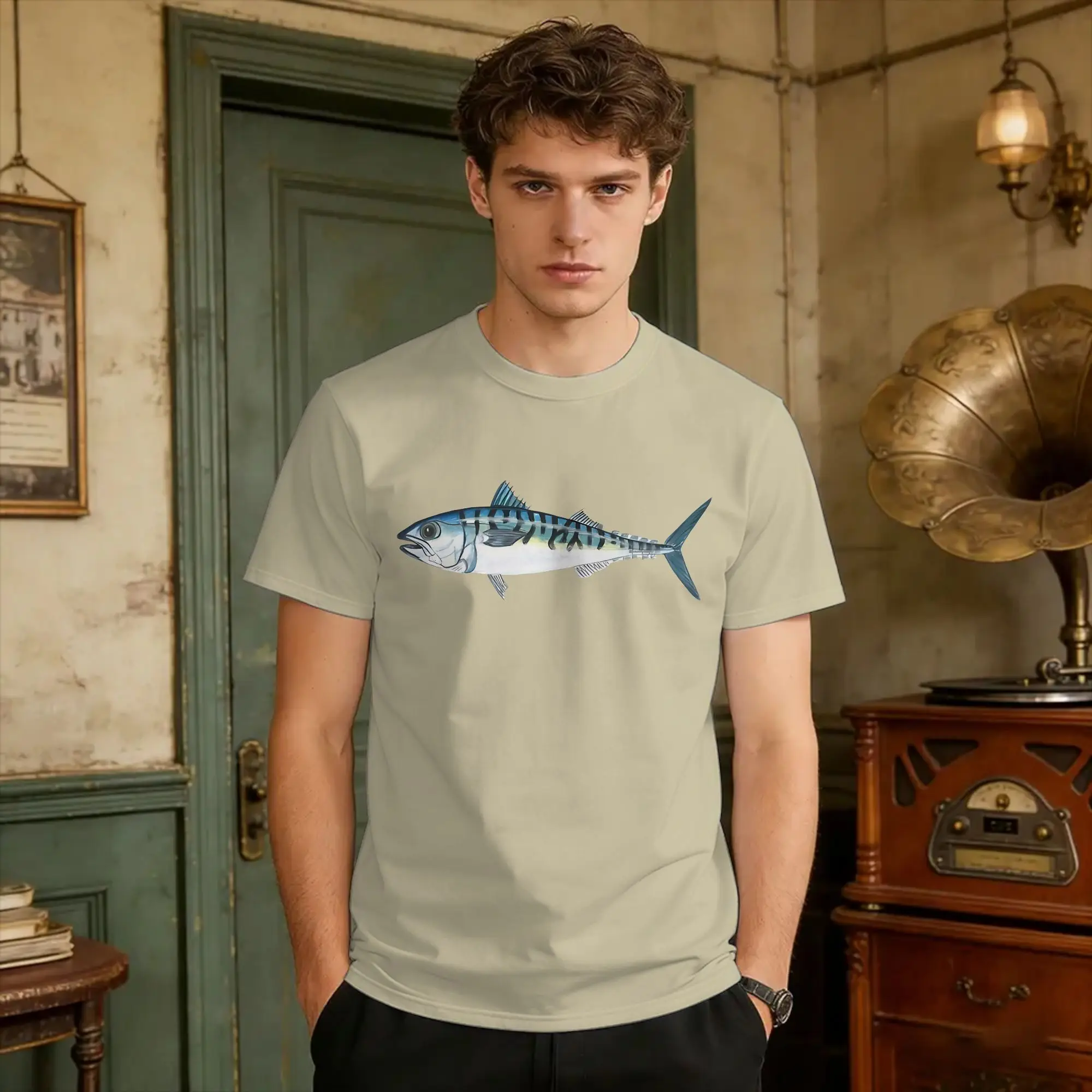 Atlantic Mackerel Hand-Drawn Fish Art  T Shirt Beach  Fashion T-Shirts 100 Cotton Round Neck Oversized Tees Aesthetic Tshirt