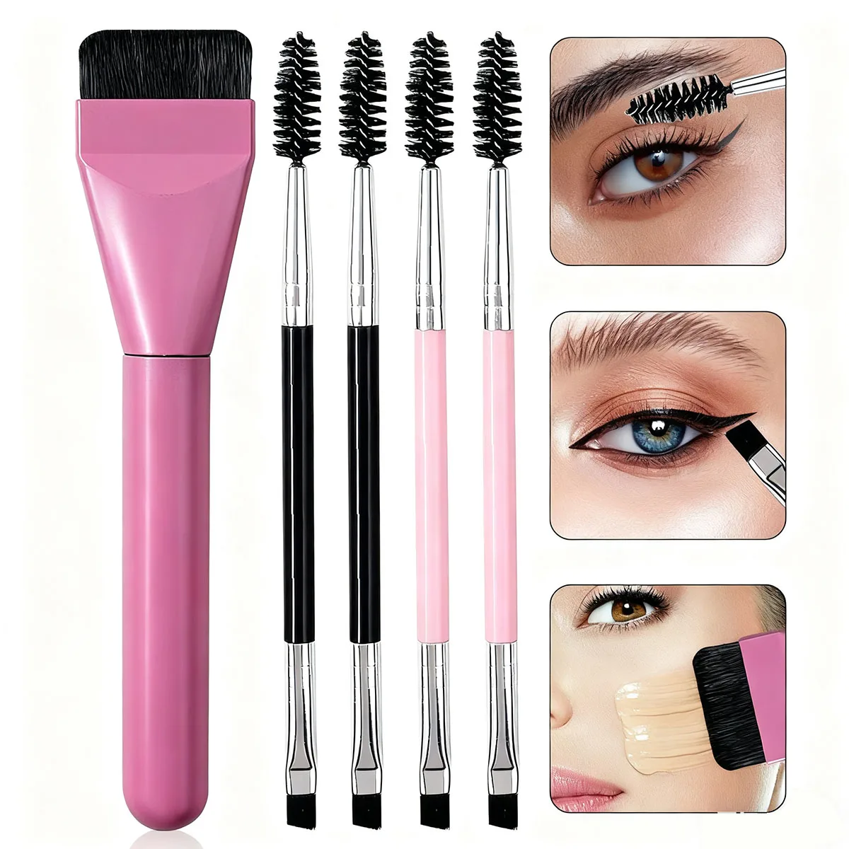 5피스 휴대용 메이크업 브러쉬 세트: 핑크 파운데이션 브러쉬+4개 양면 눈썹 및 속눈썹 브러쉬, 여행 및 일상 사용에 적합