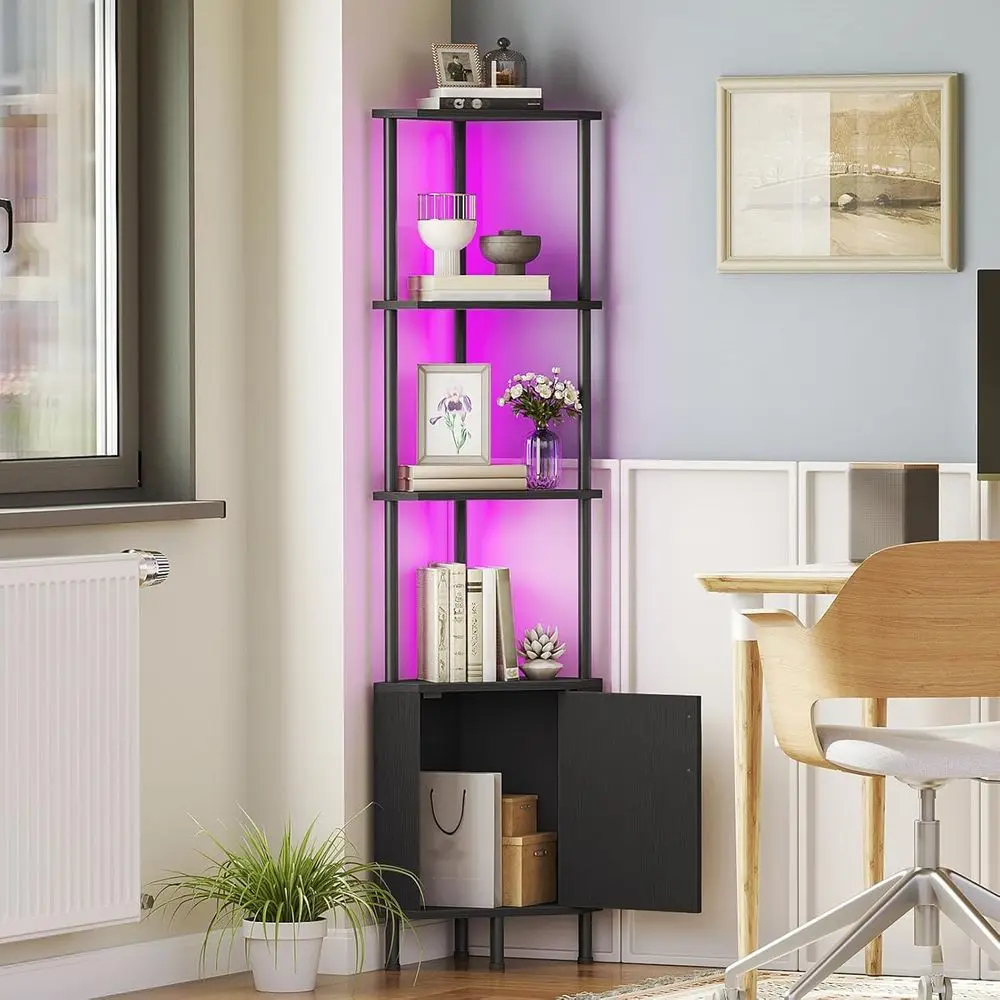 Black 5-Tier Corner Bookshelf with LED Light and Storage, 59 Tall, for Living Room and Kitchen