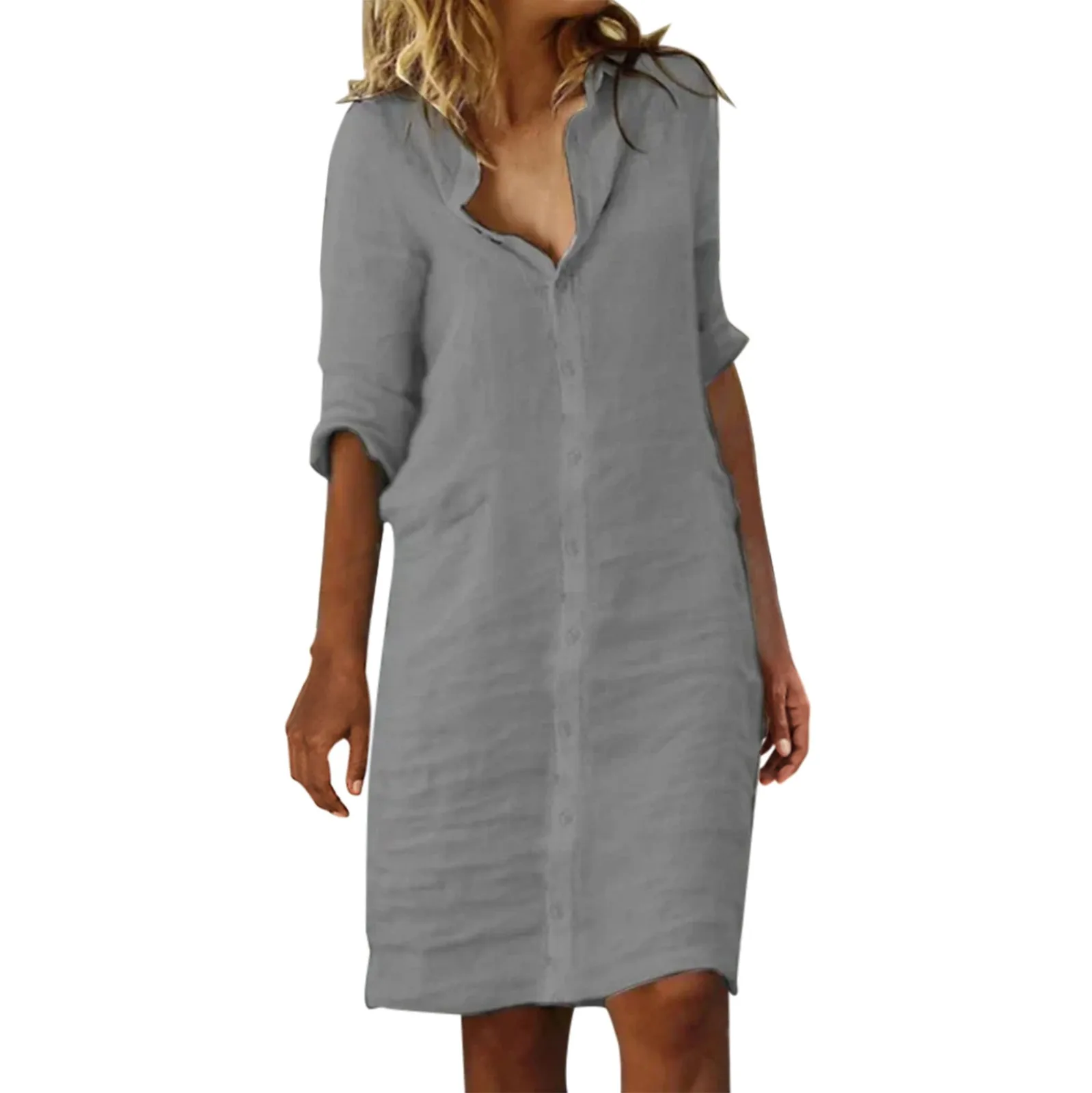 Ladies Solid Color Shirt Dress Women'S Long High Waist Tied Round Neck Dress Loose Daily V-Neck Female Blouse Vestidos 2023