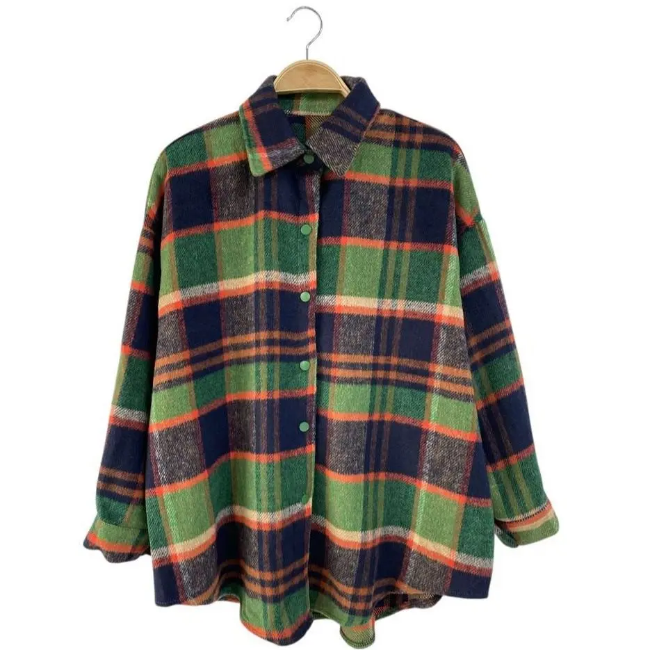 Wiosenne Jesienne Zielone Koszule i Bluzki w Kratę Damskie Codzienne Bluzki z Długim Rękawem Zapinane na Jeden Guzik Eleganckie Słodkie Koszule Biurowe Nowości