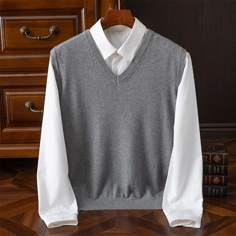

Autumn Winter Merino Wool Sweater Men's Vest Casual Fashion V-neck Cashmere Vest Sleeveless Knitwear Clothing Jumper Tops