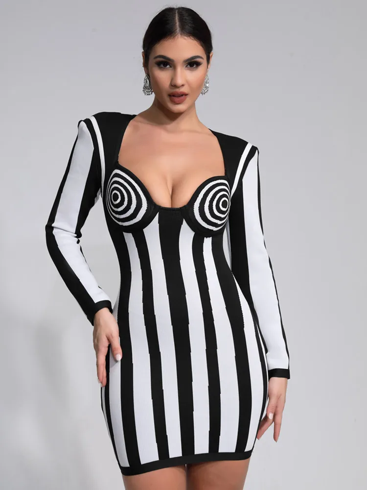 celebrity black and white dress Women Luxury Sexy Long Sleeve Jacquard Mini Bandage 2024 Knitted Elegant Evening Club Party Outfit The Mens Black Dress 95% POLYESTER 5% ELASTANE black party outfits Color:Light green floral