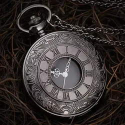 Vintage Steampunk Gift Necklace Pendant Black Roman Numerals Quartz Mens Pocket Watch with Chain for Boyfriend