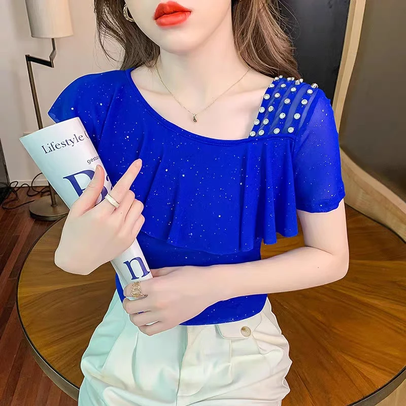 New Summer Femme Clothes Mesh T-Shirt Women Chic Sexy Off Shoulder TShirt Shiny Diamonds Tees Ruffles Patchwork Short Sleeve Top