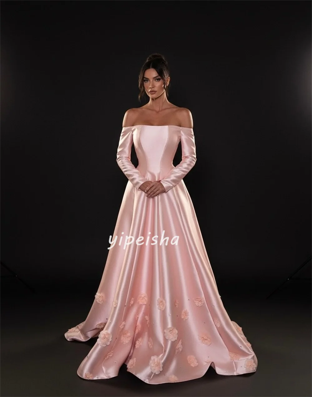 맞춤형 우아한 패션 샤무즈 수제 꽃 주름 A라인 오프숄더 롱 드레스 맞춤형 행사 드레스 클래식
