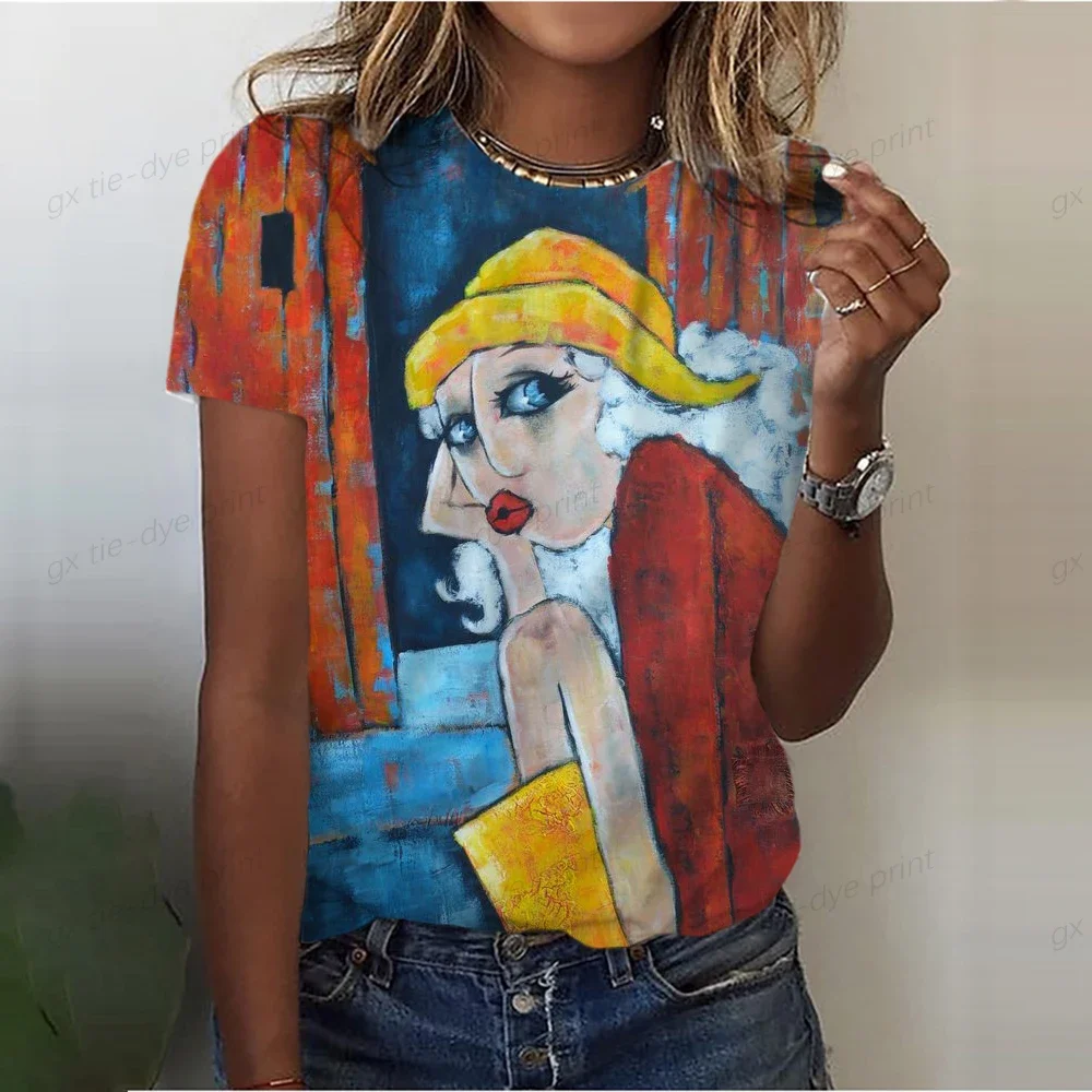 بسيطة الفن الوجه طباعة الملابس النسائية اليومية عادية تي شيرت منتظم الشارع الشهير الصيف موضة جديدة المرأة تي شيرت بلايز Y2K