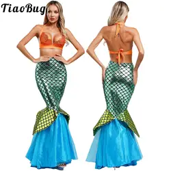 Womens Mermaid Costumes Halloween Cosplay Role Play Lace-up Bra Top with Mermaid Tail Bodycom Maxi Skirt Performance Party Set
