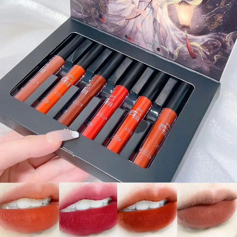 High-end 6-Colors/Set Chinese Antique Style Lip Gloss Set Not Easy To Fade Matte Velvet Lipstick Plain Face Appears White Makeup