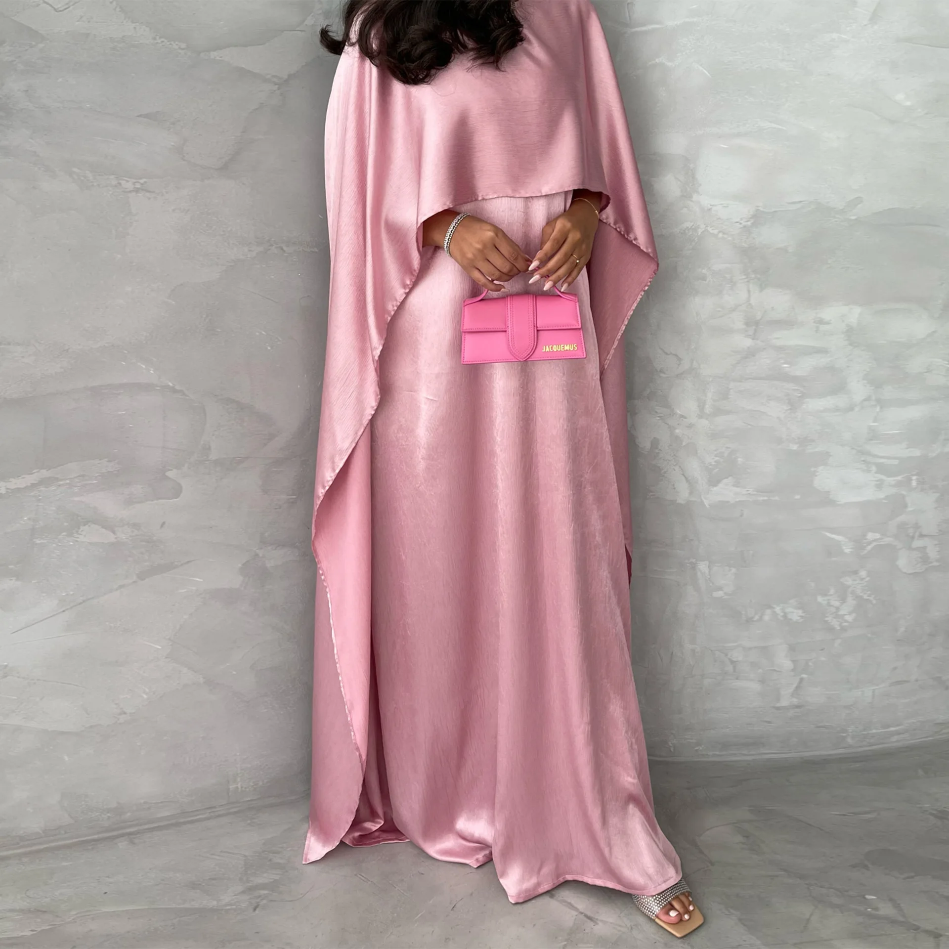 Morocco Satin Kaftan Cloak Cape Sleeve Modest Maxi Dress for Women Muslim Eid Djellaba Dubai Abaya Kebaya Islam Jalabiya Caftan