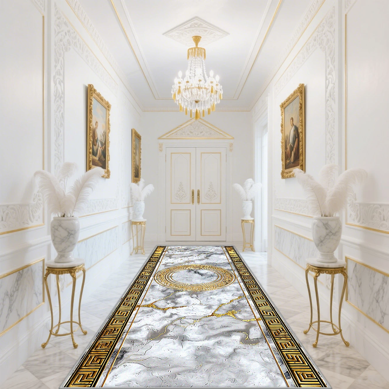 Long Corridor Luxury Golden Carpet Non-slip Washable Hall Runner Carpets European Style Marble Decor Aisle Carpet Customizable