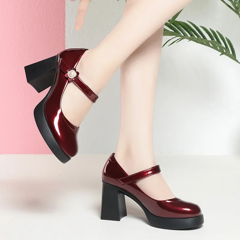 8cm Comfortable Patent Leather Shoes Women Mary Janes 2024 Spring Block High Heels Shoes Platform Pumps for Office Model Dance