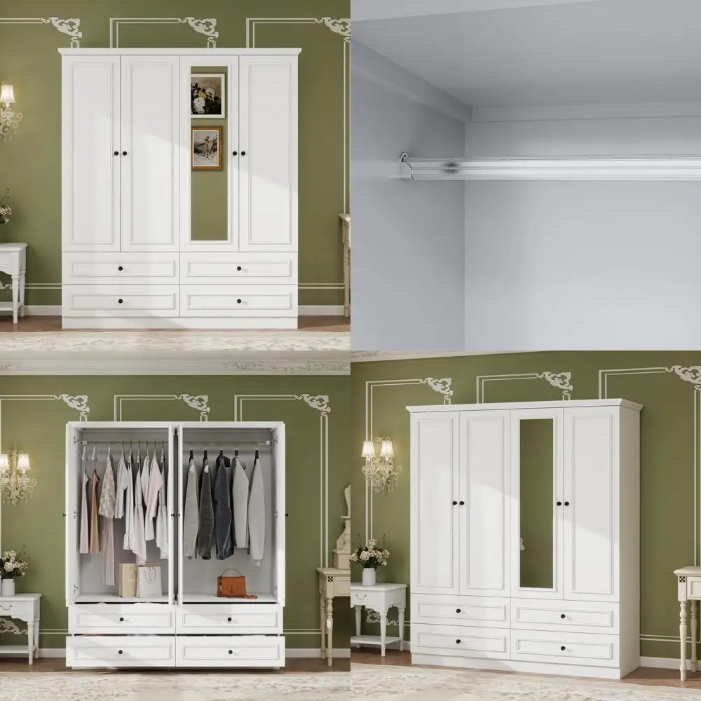 خزانة ملابس خشبية ذات سعة كبيرة مع 4 أبواب وقضبان تعليق و4 أدراج ومرآة ورفوف لتخزين أقصى قدر من الأورجا