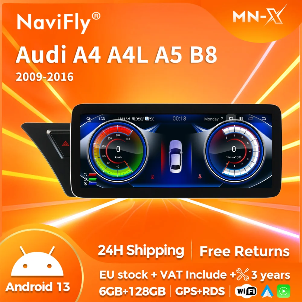 NaviFly European Delivery for Audi A5 S5 B8 A4 A4L S4 Android 13 Wireless CarPlay Navigation Car Multimedia Virtual Dashboard