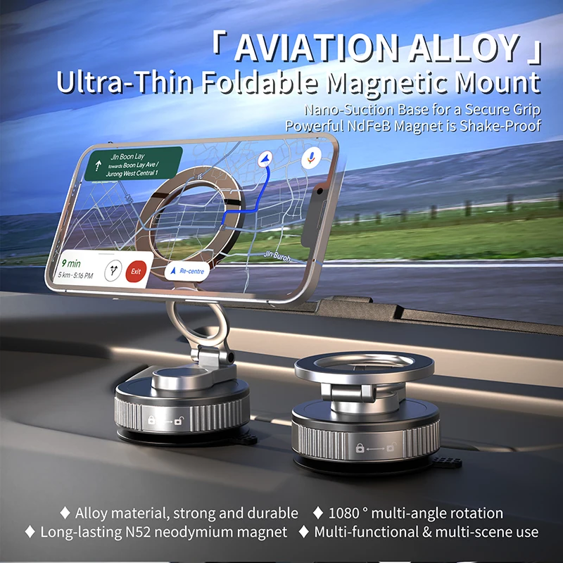 

Strong Magnetic Car Phone Holder Foldable Design 360° Adjustable Vacuum Mount for Car/Desk/Bathroom/Universal Use