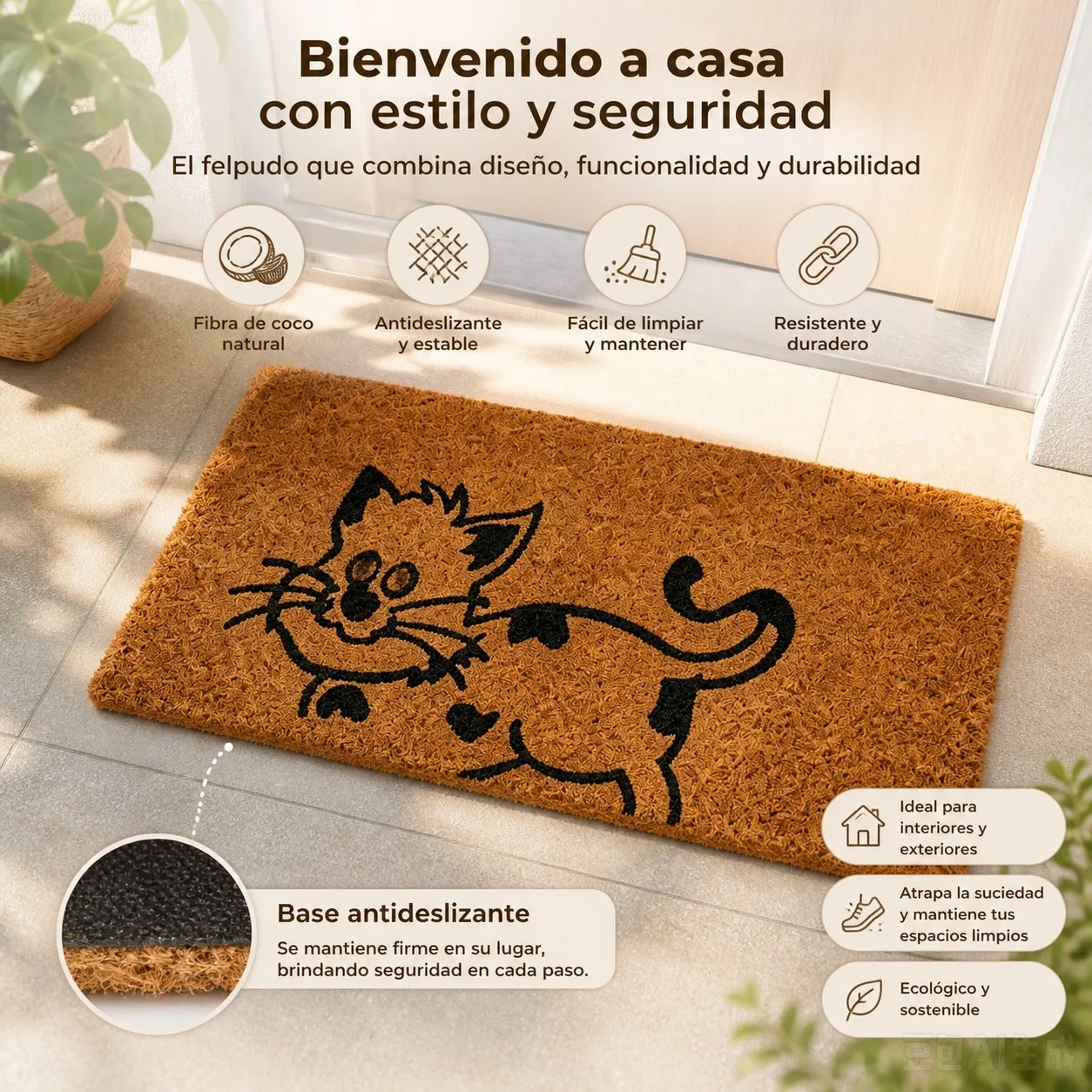Paillasson en fibre de coco naturelle avec motif de chat, tapis d'entrée antidérapant et écologique pour l'extérieur et l'intérieur, tapis durable 53x23x1,5cm pour le nettoyage des chaussures