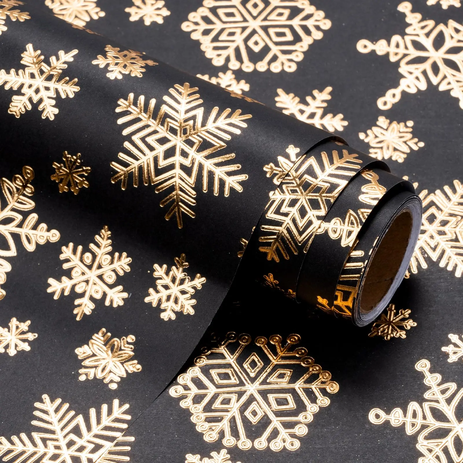 3D Kraft Christmas Wrapping Paper Mini Roll 43x500cm Gold Black Christmas Snowflake With Embossed Holiday Party Celebration