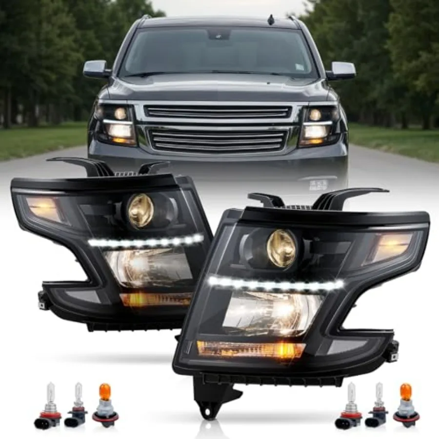 

Headlight Assembly w/Bulbs Compatible with 2015-2020 Chevy Tahoe/Suburban Halogen Headlamp LED DRL Projector Black Housing with