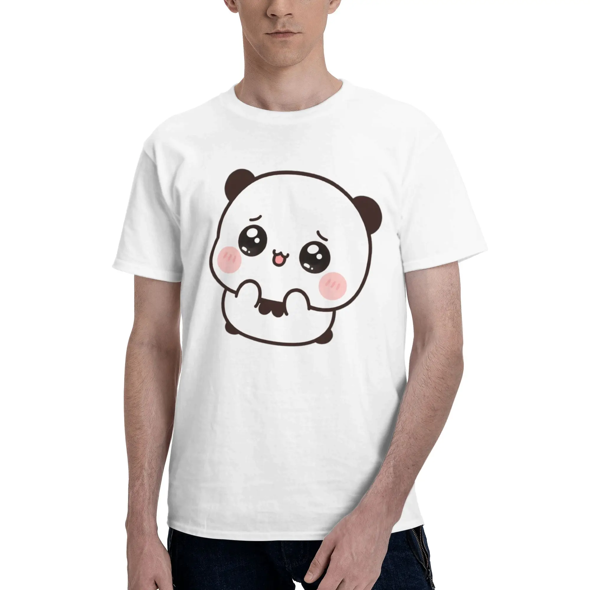 Kawaii Blushing Panda Cartoon Character Men's T Shirts  Amazing Tees Short Sleeve Round Collar Cotton Classic Clothes T-Shirt