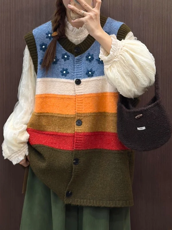 

Женский вязаный жилет, топ, маленький свитер в цветочную полоску, кардиган в стиле ретро, внутренняя одежда с вышивкой, повседневная свободная посадка