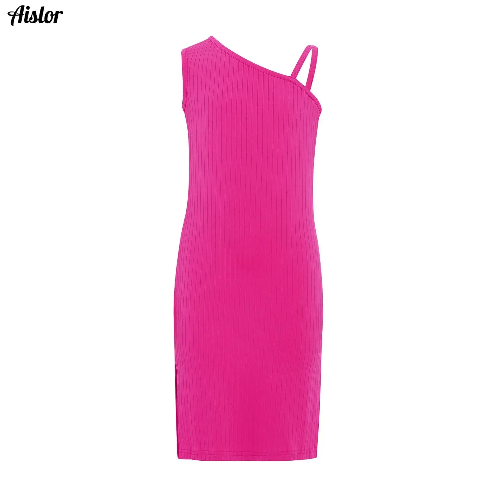 

Kids Girls Dress Beach Sundress Asymmetrical Shoulder Sleeveless Ribbed Texture Sides Slit Bodycon Dress for Holiday Vacation