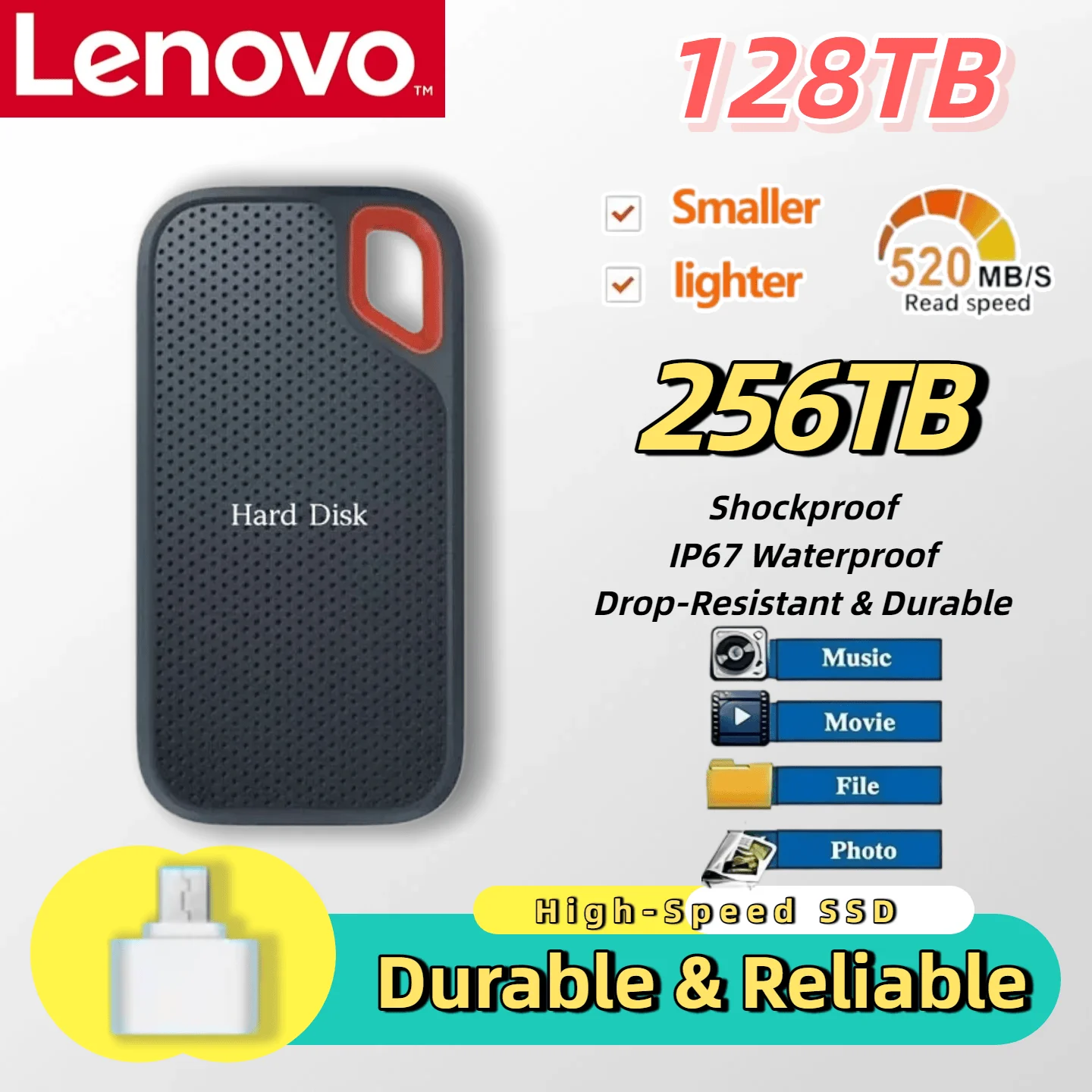 

Внешний SSD-накопитель Lenovo E61 256 ТБ USB 3.2 Gen 2 с высокой скоростью чтения и записи, совместимый с ноутбуками, настольными ПК, Mac, PS5, Xbox, Switch
