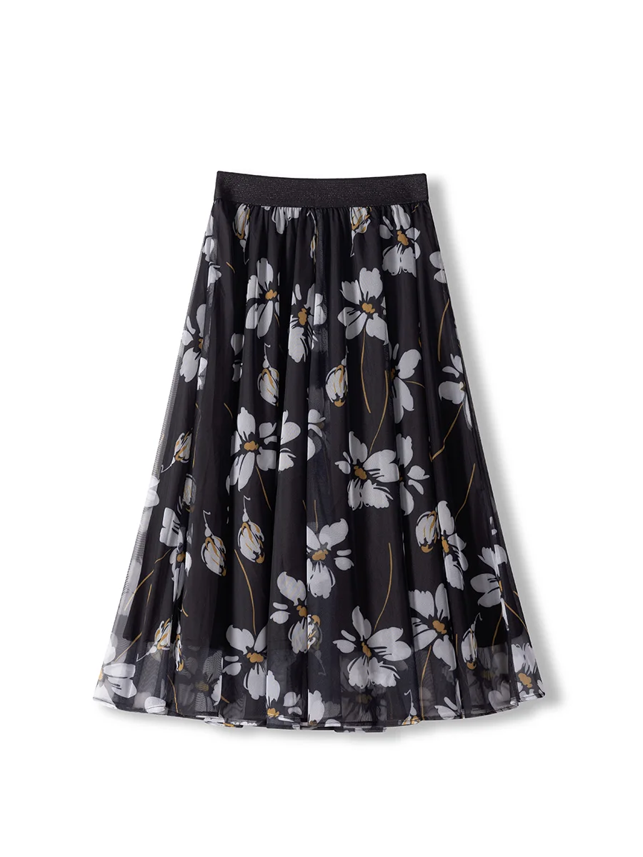 Mesh Floral Print Skirt Female Summer New Korean Style High Waist  Belly-Covering A- line Big Hem Dress Thin