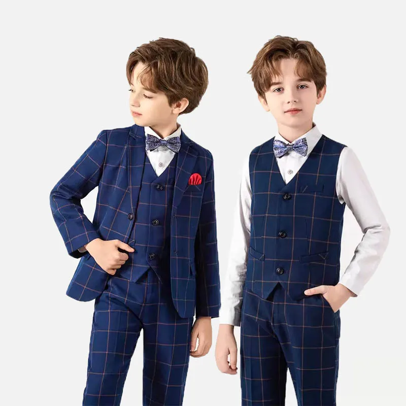 

2Yrs To 14Yrs Kids Wedding Easter Church Outfit Tuxedo Dress Boys Plaid Blue Suit Children Photograph Party Performance Costume