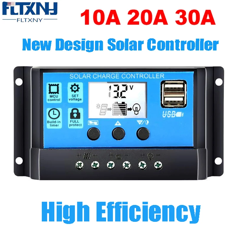 FLTXNY 12V 24V Auto Recognition Solar Panel PV Regulator Battery Charger PWM Solar Charge Controller LCD Dualusb 5V Output