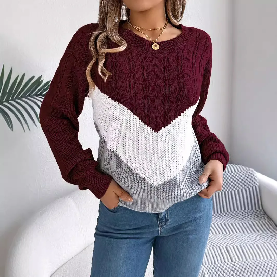 Jesienno-zimowe kolorowe patchworkowe swetry Casual Color Matching Fried Dough Twists Lantern Sleeve Knitting Pullover Jumpers