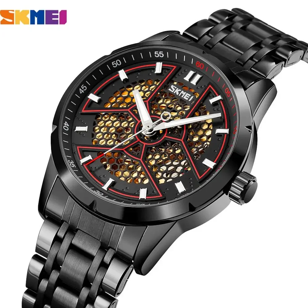 SKMEI Fashion Hollow out Automatic Mechanical Watch Honeycomb Mesh Pointer Men\'s Alloy Business Stainless Steel Watch