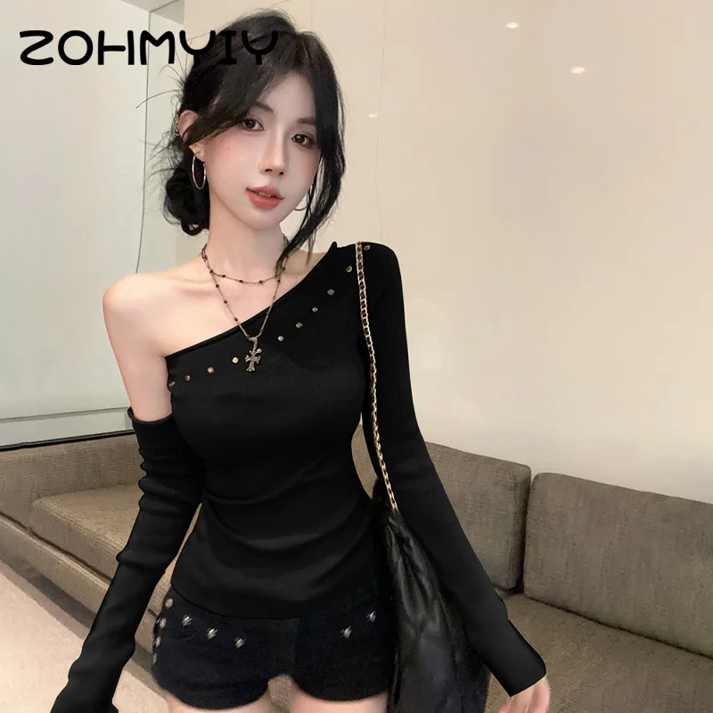 Rivet Off Shoulder Sweaters For Women Sexy Pullovers Asymmetric Knitted Tops