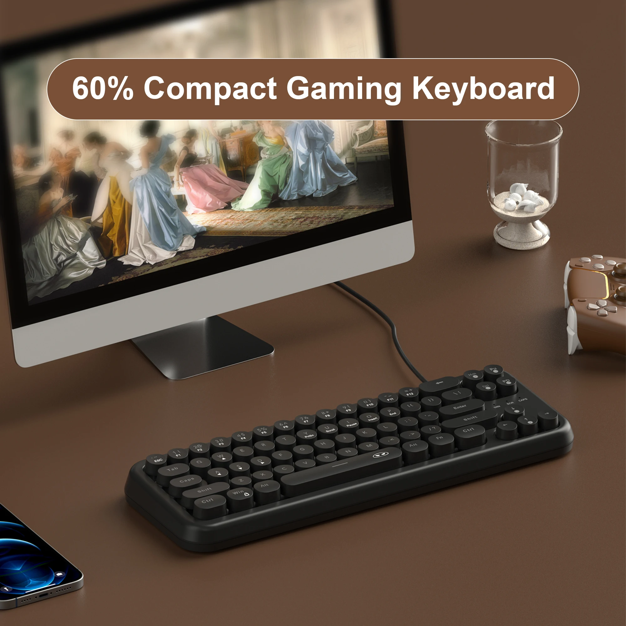 MageGee TS91 60% Wired Gaming Keyboard RGB 68 Keys Round Keycaps Small Portable Office Computer Membrane Keyboard For Windows