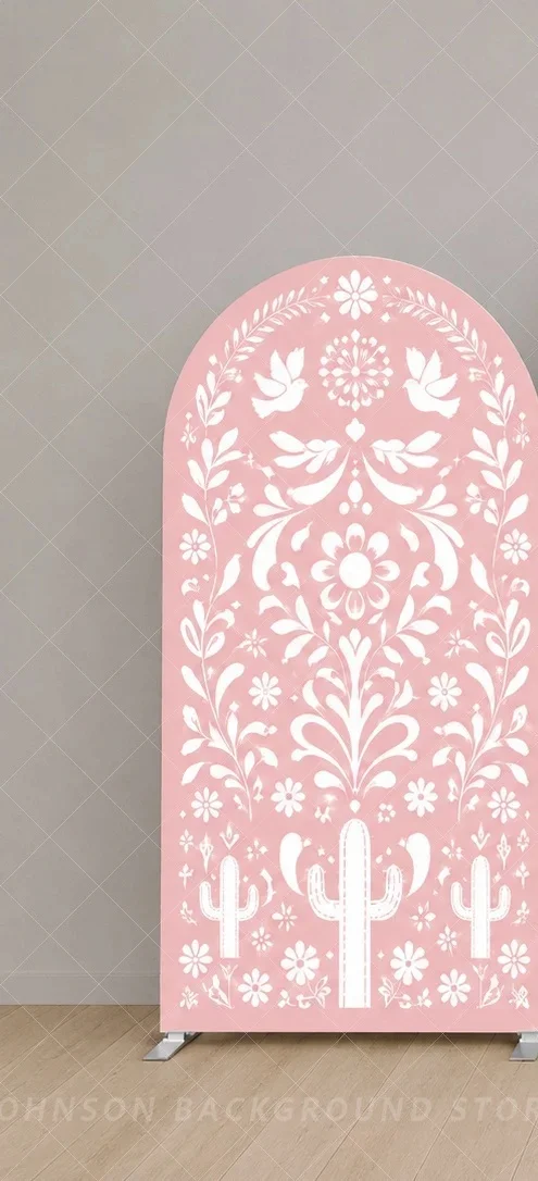 Custom Pink First Fiesta Birthday Arch Backdrop Cover Mexican Papel Picado Cactus Floral flower Three Panel Girls Background