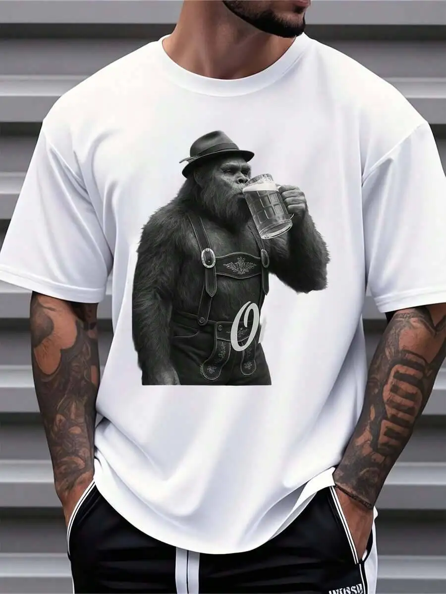 Funny Gorilla In Lederhosen Drinking Beer Graphic T Shirt Men Summer Short Sleeve Tee Oktoberfest Party Top 100% Cotton Trendy