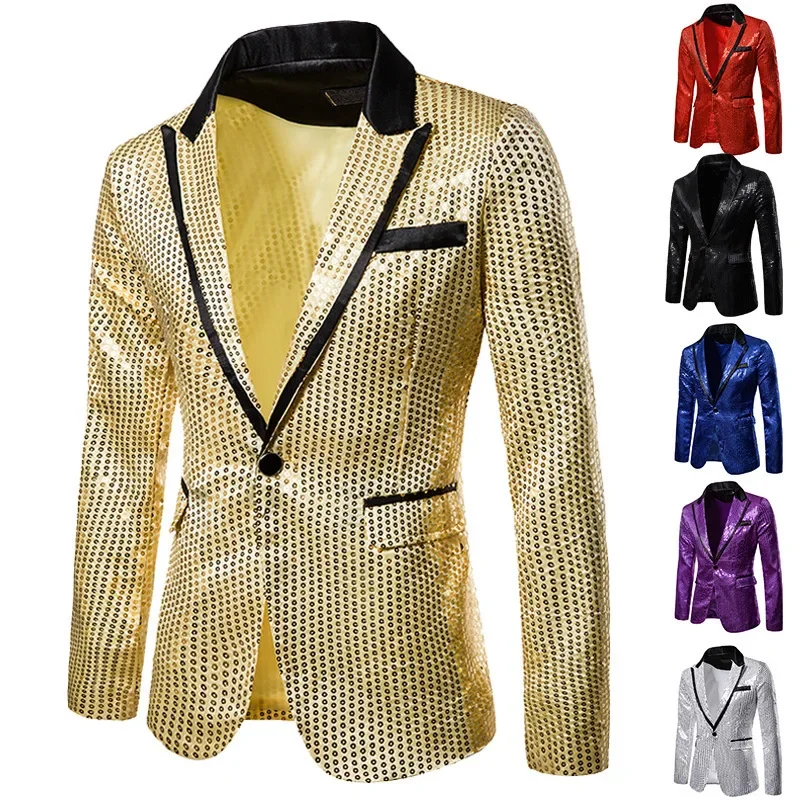 Men Nightclub Prom Suit Blazer Costume Shiny Gold Sequin Glitter Embellished Blazer Jacket Coat Homme Stage Clothes for Singers