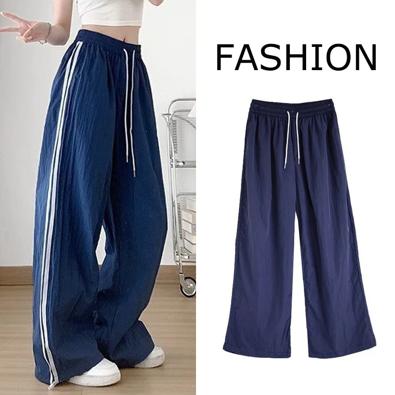 المرأة شيك مخطط فضفاض صالح السراويل الفتيات عالية الخصر مستقيم الساق السراويل سيدة مريحة التجفيف السريع رقيقة السراويل