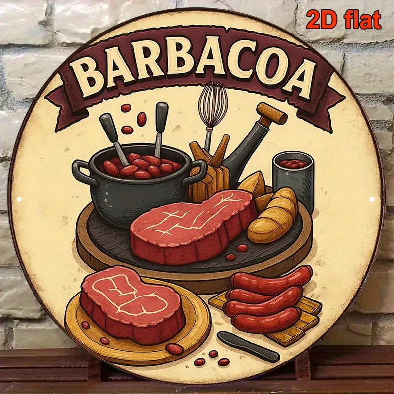 Letrero de metal retro para barbacoa española – Decoración redonda de metal de 7.87 pulgadas para barbacoa y chorizo