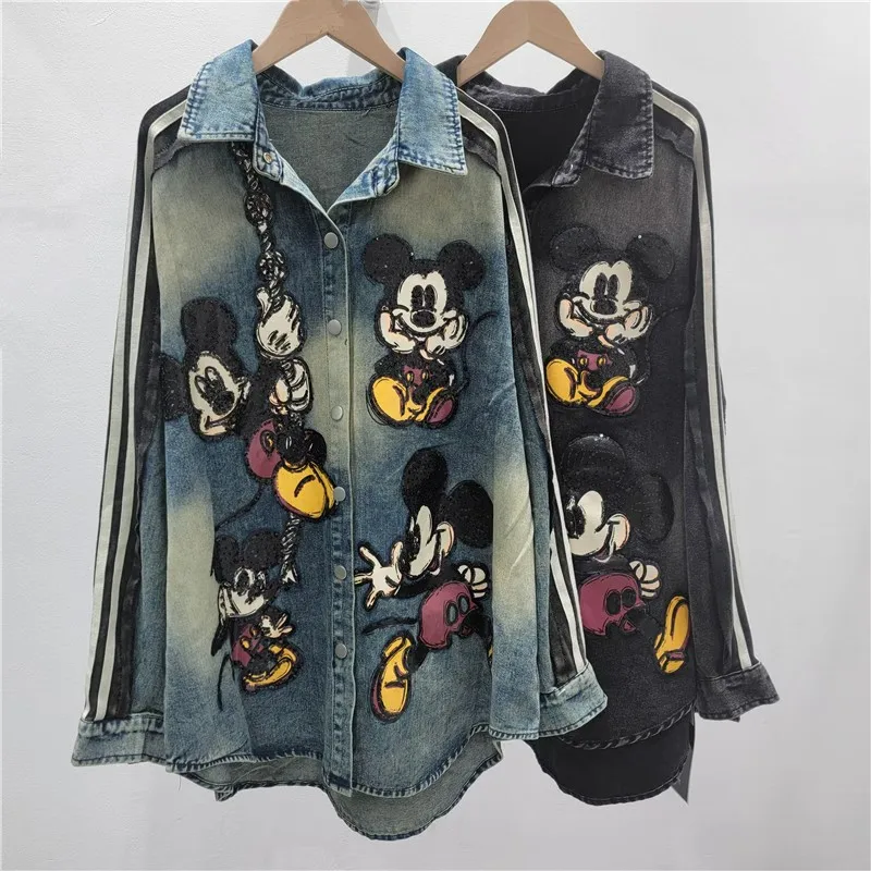 2025 Autumn New Cartoon Anime Print Denim Jacket Women Trendy Brand Heavy Embroidery Sequin Long Sleeve Mid-Length Top