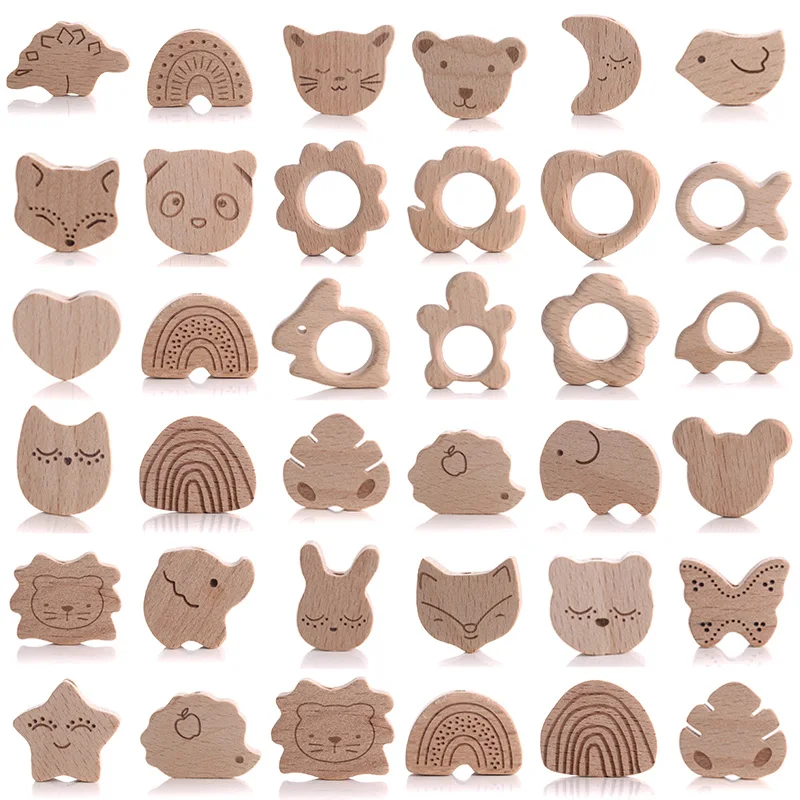 10Pcs Beach Wood Baby Beads Animal Shape Wooden Newborn Teething Ring Unfinished Baby Grasping Bracelet Toys BPA Free