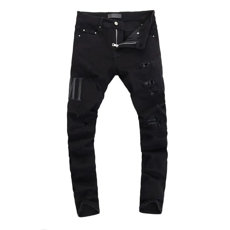 Preto Stretch Skinny masculino cabe jeans de couro rasgado, calças remendadas, calças de marca designer, Hip Hop, moda rua, punk