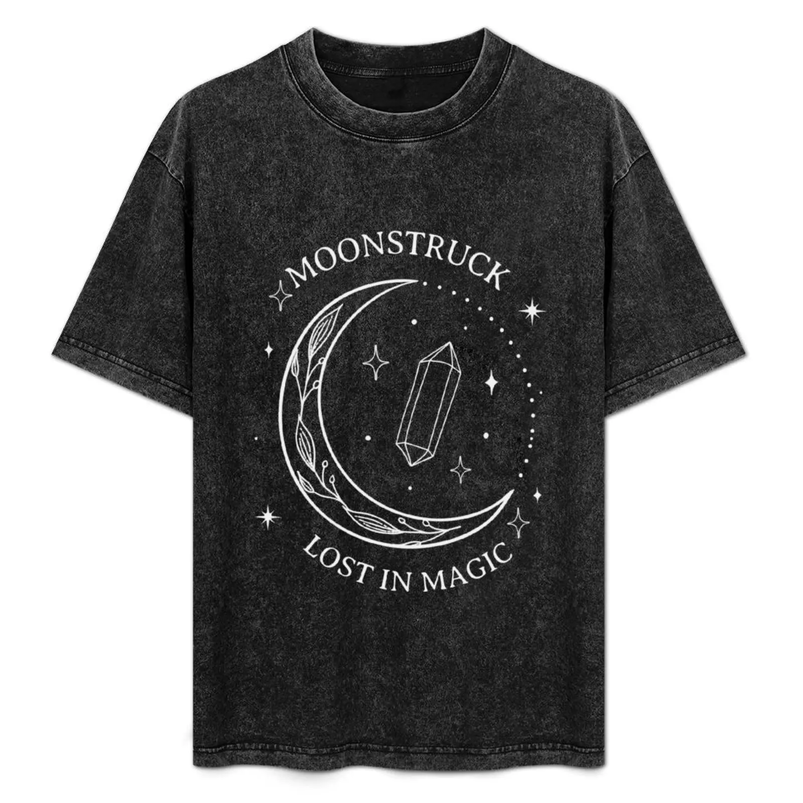 

Moonstruck, crescent moon, crystal and stars, Lost in magic text T-Shirt anime tshirt slim fit t shirts for men