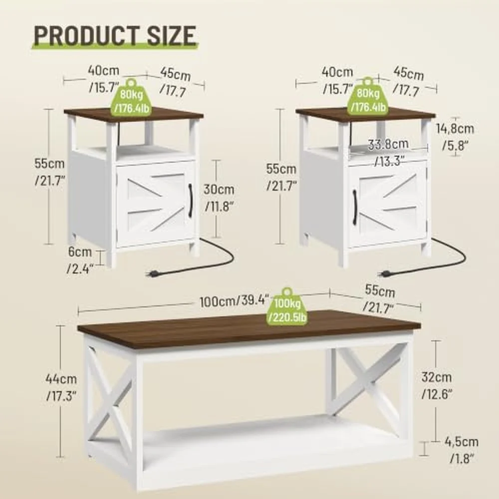 3 Pieces Farmhouse Coffee Table and End Table Set with AC