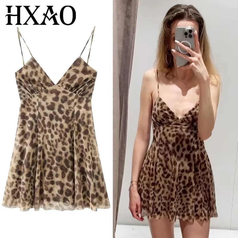 Hxao feminino leopardo deslizamento vestidos verão 2025 mini tule impressão sem costas vestido de malha vintage sem mangas vestidos chique resort vestido
